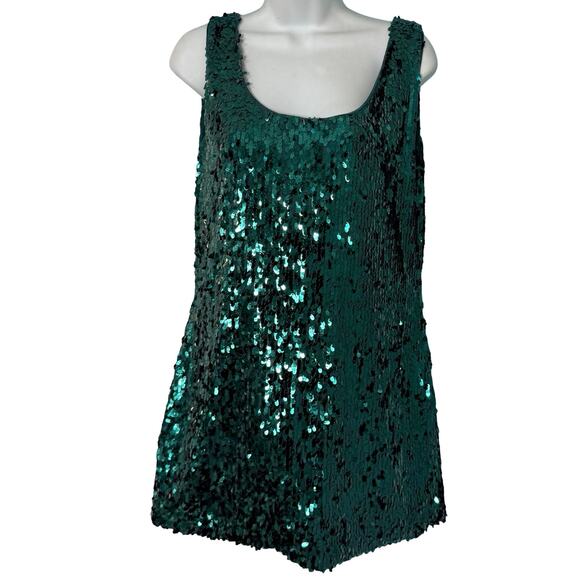Vintage 70s 80s Emerald Green Sequin Open Back Bow Mini Dress size M de la Hooke - Picture 2 of 9